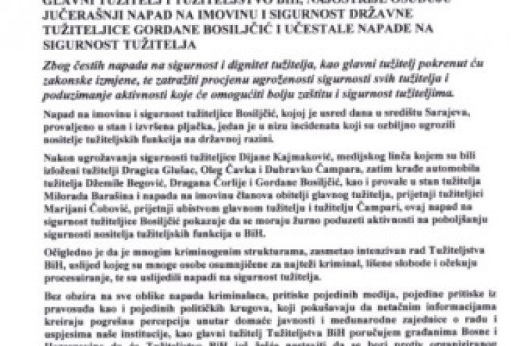 GLAVNI TUŽITELJ I TUŽITELJSTVO BiH NAJOŠTRIJE OSUĐUJU JUČERAŠNJI NAPAD NA IMOVINU I SIGURNOST DRŽAVNE TUŽITELJICE GORDANE BOSILJČIĆ I UČESTALE NAPADE NA SIGURNOST TUŽITELJA
