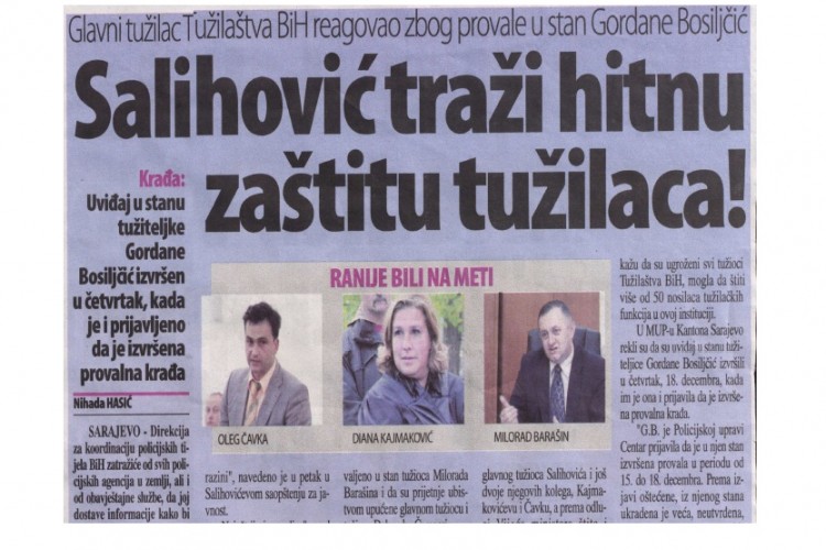 Mediji iz oba bh entiteta prenijeli reagiranje glavnog tužitelja i Tužiteljstva BiH povodom učestalih napada na sigurnost tužitelja Tužiteljstva BiH