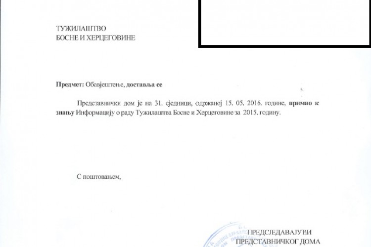 PREDSTAVNIČKI DOM PARLAMENTARNE SKUPŠTINE BiH, NAKON 6 GODINA, PRIMIO K ZNANJU INFORMACIJU O RADU TUŽILAŠTVA BiH